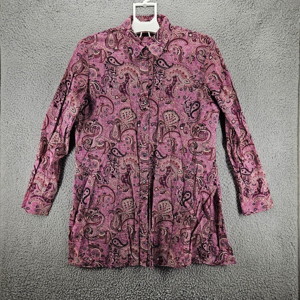 New York & Company Womens Purple Paisley Cotton Button Up Shirt Blouse Large